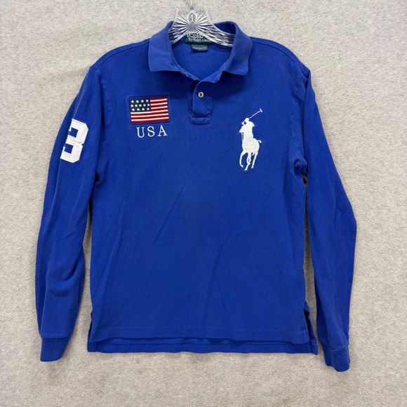 Ralph Lauren Polo Shirt Mens Small Blue Big Pony USA Flag 3 Long Sleeve Rugby